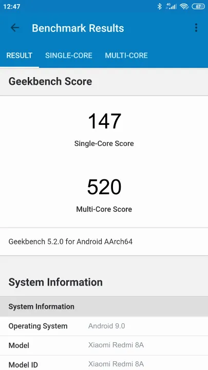 Xiaomi Redmi 8A的Geekbench Benchmark测试得分