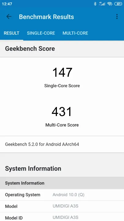 UMIDIGI A3S Geekbench benchmark score results