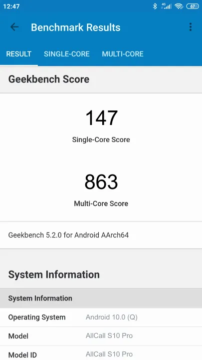 AllCall S10 Pro Geekbench benchmark score results
