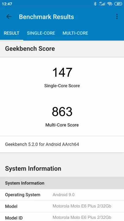 Wyniki testu Motorola Moto E6 Plus 2/32Gb Geekbench Benchmark