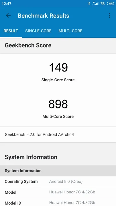 Huawei Honor 7C 4/32Gb Geekbench-benchmark scorer