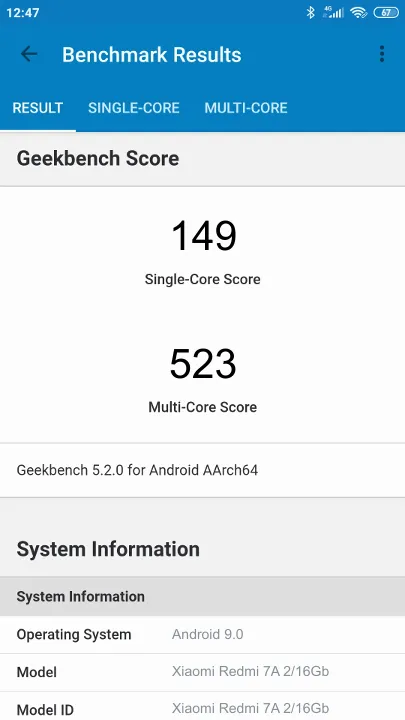 Pontuações do Xiaomi Redmi 7A 2/16Gb Geekbench Benchmark