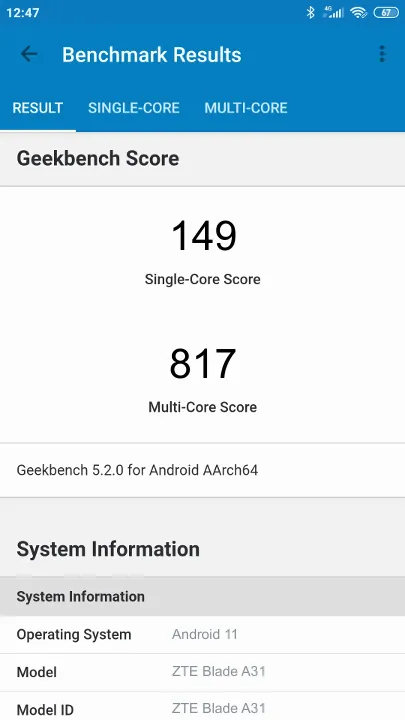 ZTE Blade A31 Geekbench benchmark score results