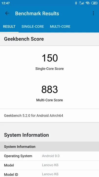Punteggi Lenovo K6 Geekbench Benchmark