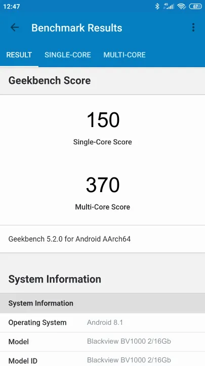 Blackview BV1000 2/16Gb Geekbench benchmark: classement et résultats scores de tests