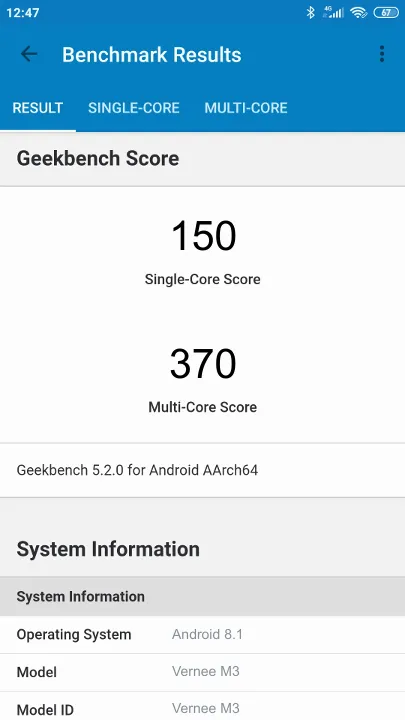 Vernee M3 Geekbench benchmark score results
