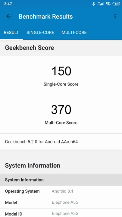 نتائج اختبار Elephone A3S Geekbench المعيارية