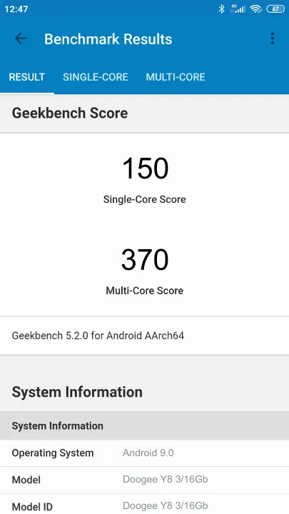نتائج اختبار Doogee Y8 3/16Gb Geekbench المعيارية
