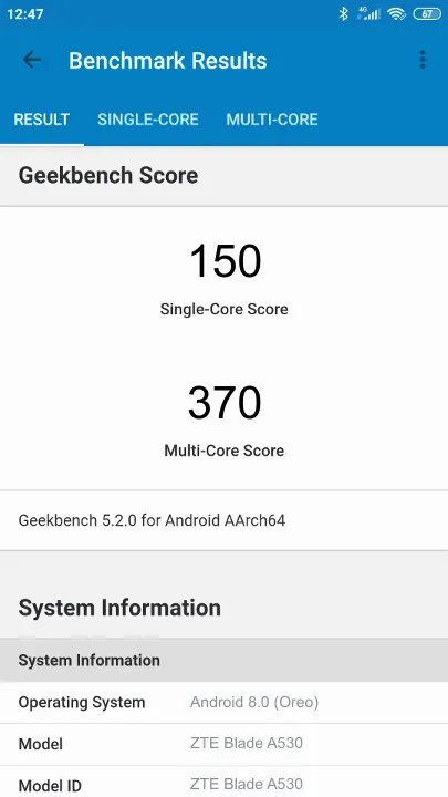 ZTE Blade A530 Geekbench benchmark score results
