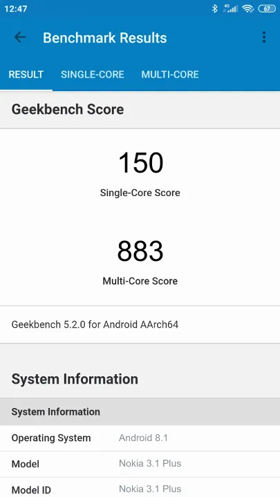 Nokia 3.1 Plus的Geekbench Benchmark测试得分