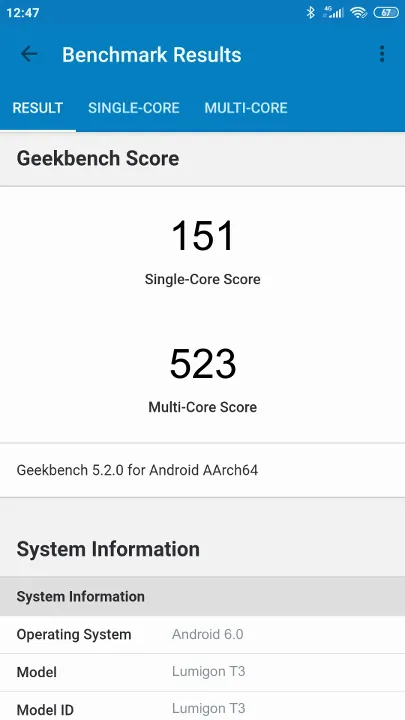 Wyniki testu Lumigon T3 Geekbench Benchmark