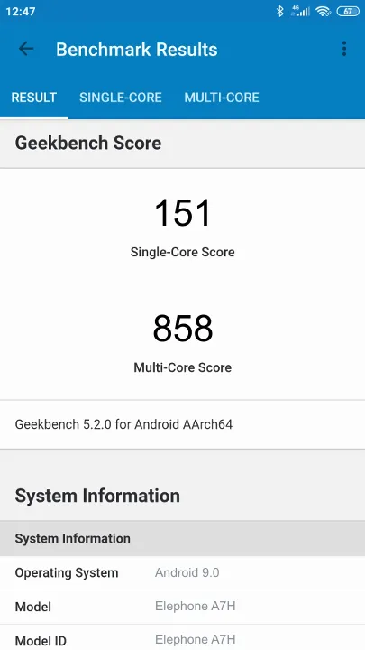Wyniki testu Elephone A7H Geekbench Benchmark