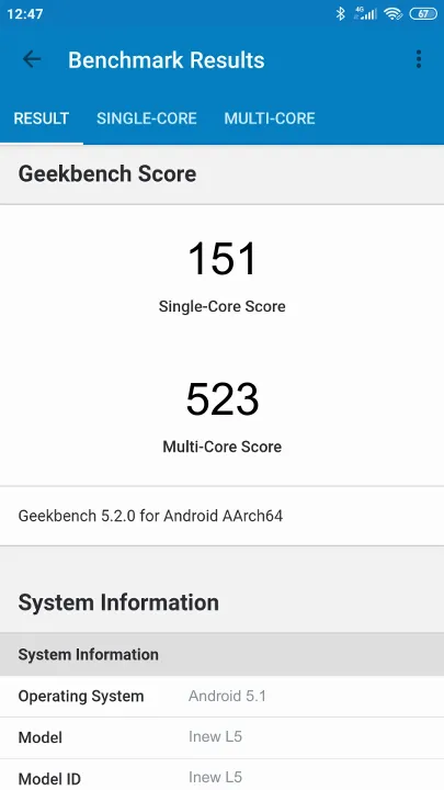 Wyniki testu Inew L5 Geekbench Benchmark