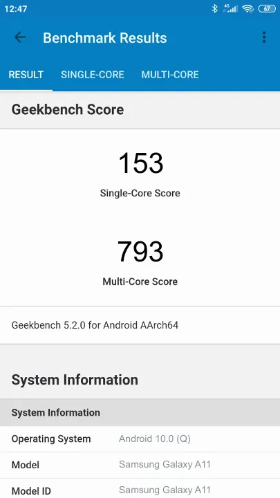 Pontuações do Samsung Galaxy A11 Geekbench Benchmark
