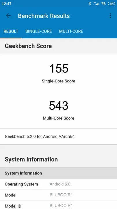 BLUBOO R1 תוצאות ציון מידוד Geekbench
