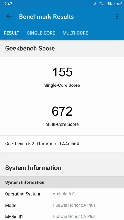 Wyniki testu Huawei Honor 5A Plus Geekbench Benchmark