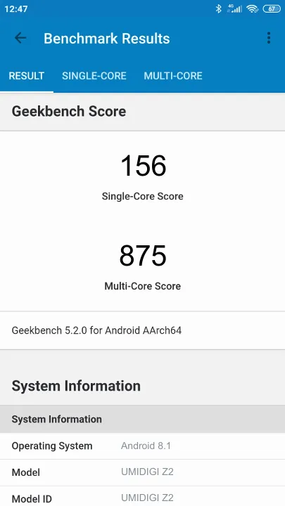 UMIDIGI Z2 Geekbench benchmark score results