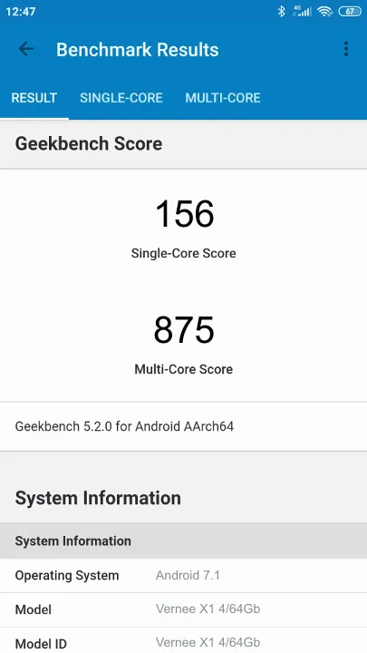 Pontuações do Vernee X1 4/64Gb Geekbench Benchmark