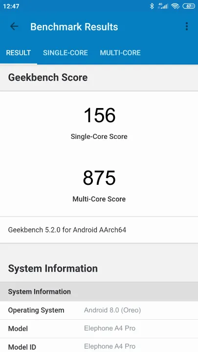 Pontuações do Elephone A4 Pro Geekbench Benchmark