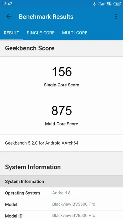 Blackview BV9500 Pro Geekbench benchmark score results
