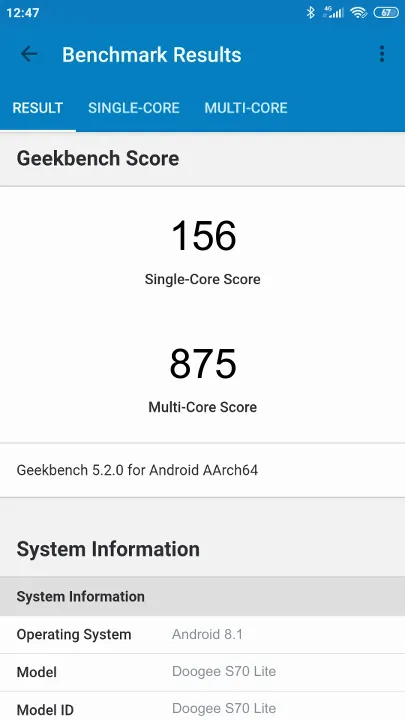 Wyniki testu Doogee S70 Lite Geekbench Benchmark