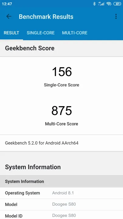 Wyniki testu Doogee S80 Geekbench Benchmark
