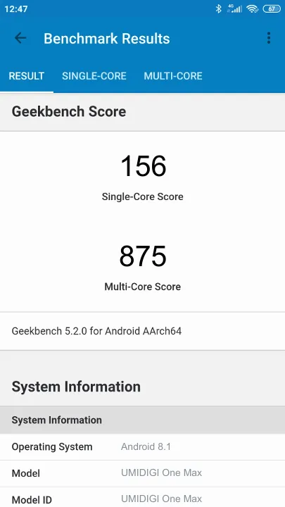 UMIDIGI One Max Geekbench benchmark: classement et résultats scores de tests
