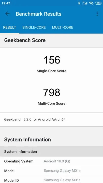 Samsung Galaxy M01s Geekbench benchmark score results
