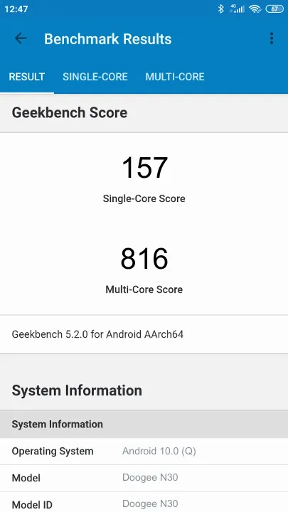 Doogee N30 Geekbench Benchmark-Ergebnisse