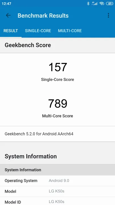 Pontuações do LG K50s Geekbench Benchmark