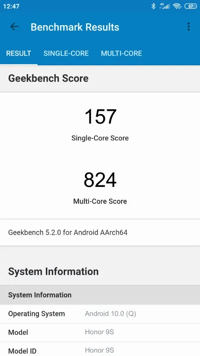 Honor 9S的Geekbench Benchmark测试得分