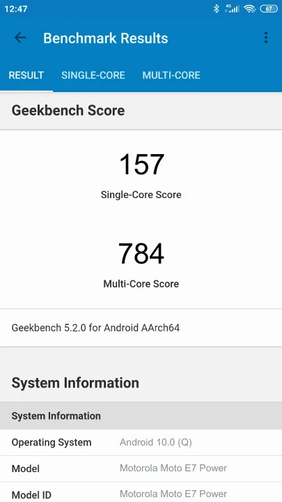 Pontuações do Motorola Moto E7 Power Geekbench Benchmark