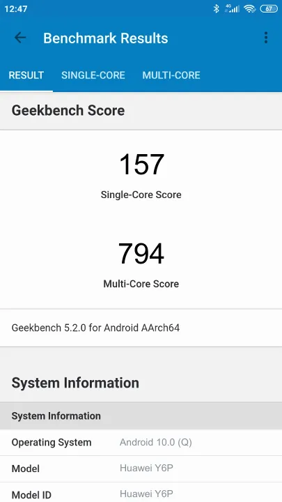 Huawei Y6P的Geekbench Benchmark测试得分