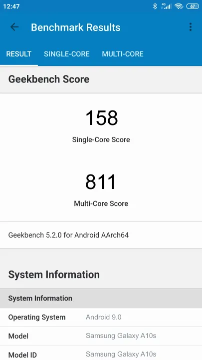 Wyniki testu Samsung Galaxy A10s Geekbench Benchmark