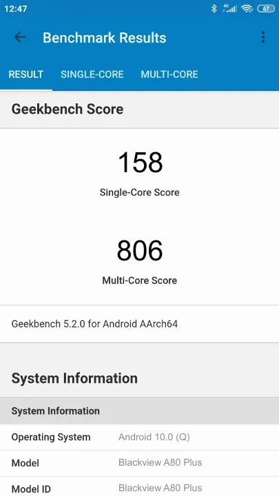 Blackview A80 Plus Geekbench benchmark score results
