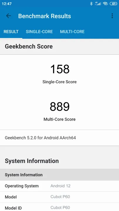 Cubot P60 Geekbench benchmark score results