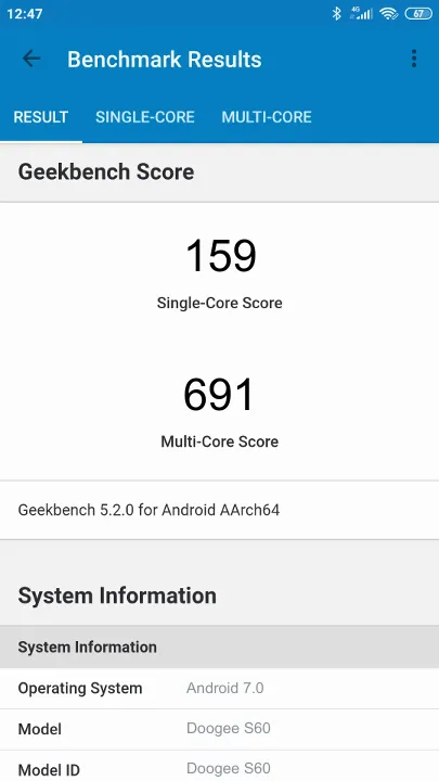 Pontuações do Doogee S60 Geekbench Benchmark