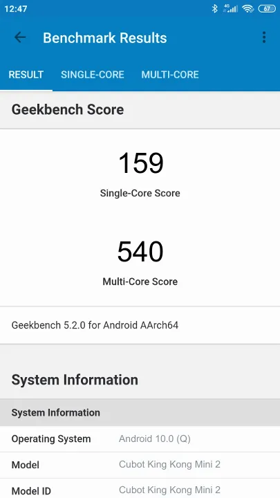 Cubot King Kong Mini 2 Geekbench benchmark score results