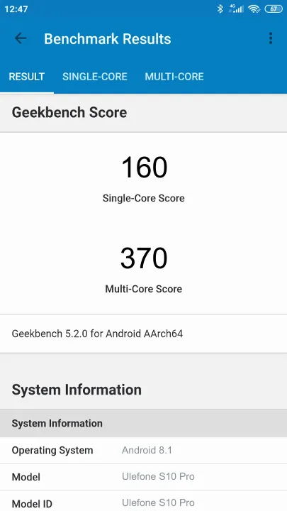 Wyniki testu Ulefone S10 Pro Geekbench Benchmark