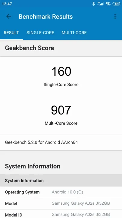 Samsung Galaxy A02s 3/32GB Geekbench benchmark score results