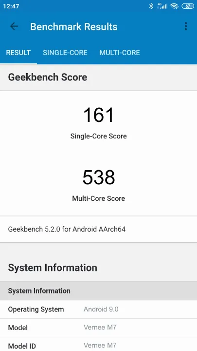 Vernee M7 Geekbench benchmark score results