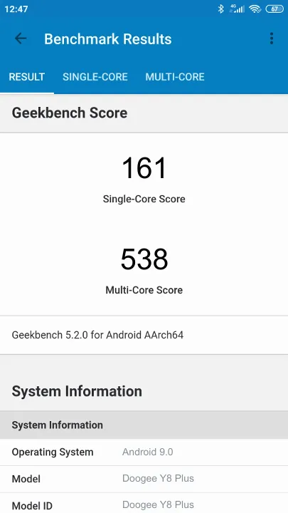Doogee Y8 Plus Geekbench benchmark score results
