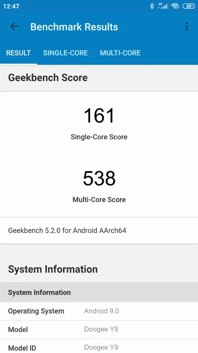 Doogee Y9的Geekbench Benchmark测试得分