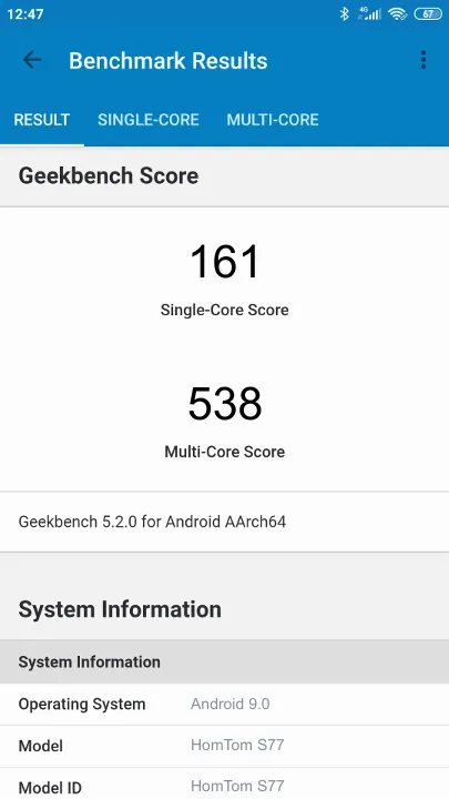 Wyniki testu HomTom S77 Geekbench Benchmark