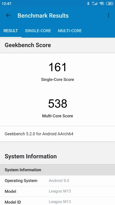 نتائج اختبار Leagoo M13 Geekbench المعيارية