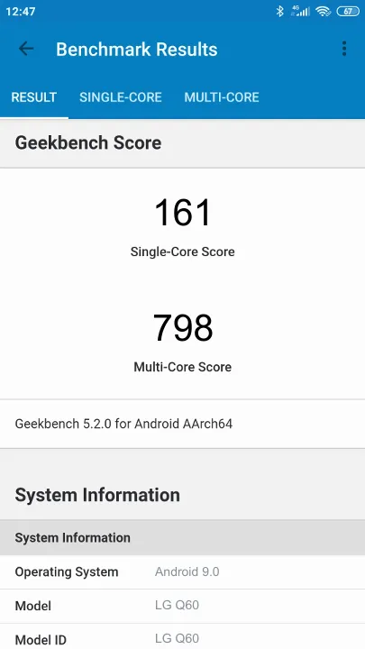 نتائج اختبار LG Q60 Geekbench المعيارية