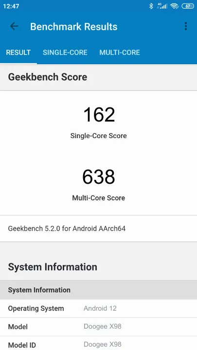Doogee X98的Geekbench Benchmark测试得分