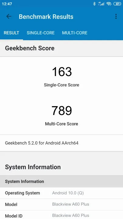 Blackview A60 Plus的Geekbench Benchmark测试得分