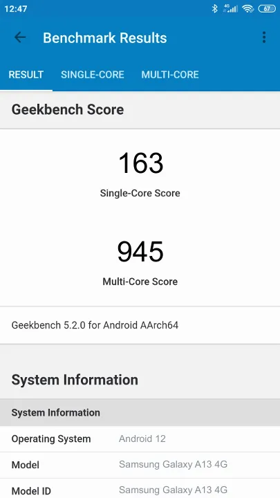 Punteggi Samsung Galaxy A13 4G Geekbench Benchmark