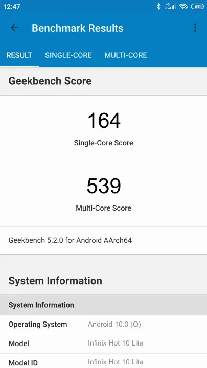 Infinix Hot 10 Lite Geekbench benchmark: classement et résultats scores de tests